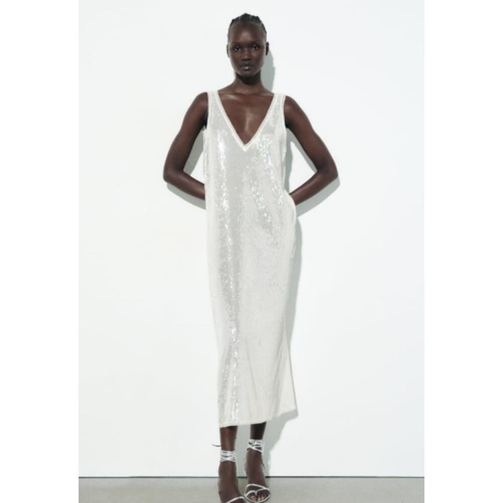 Zara‎ Sleeveless V Neck Sequined Maxi Dress White Size XS